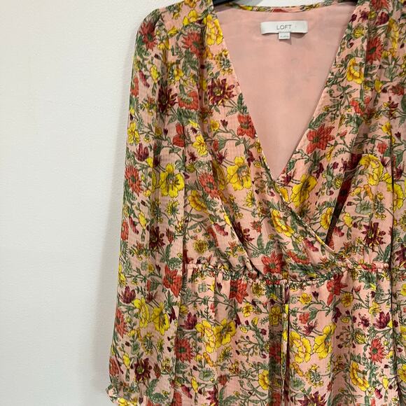 Loft Long Sleeve Floral Wrap Mini Dress Pink Fall Wedding Guest XS - Picture 4 of 8